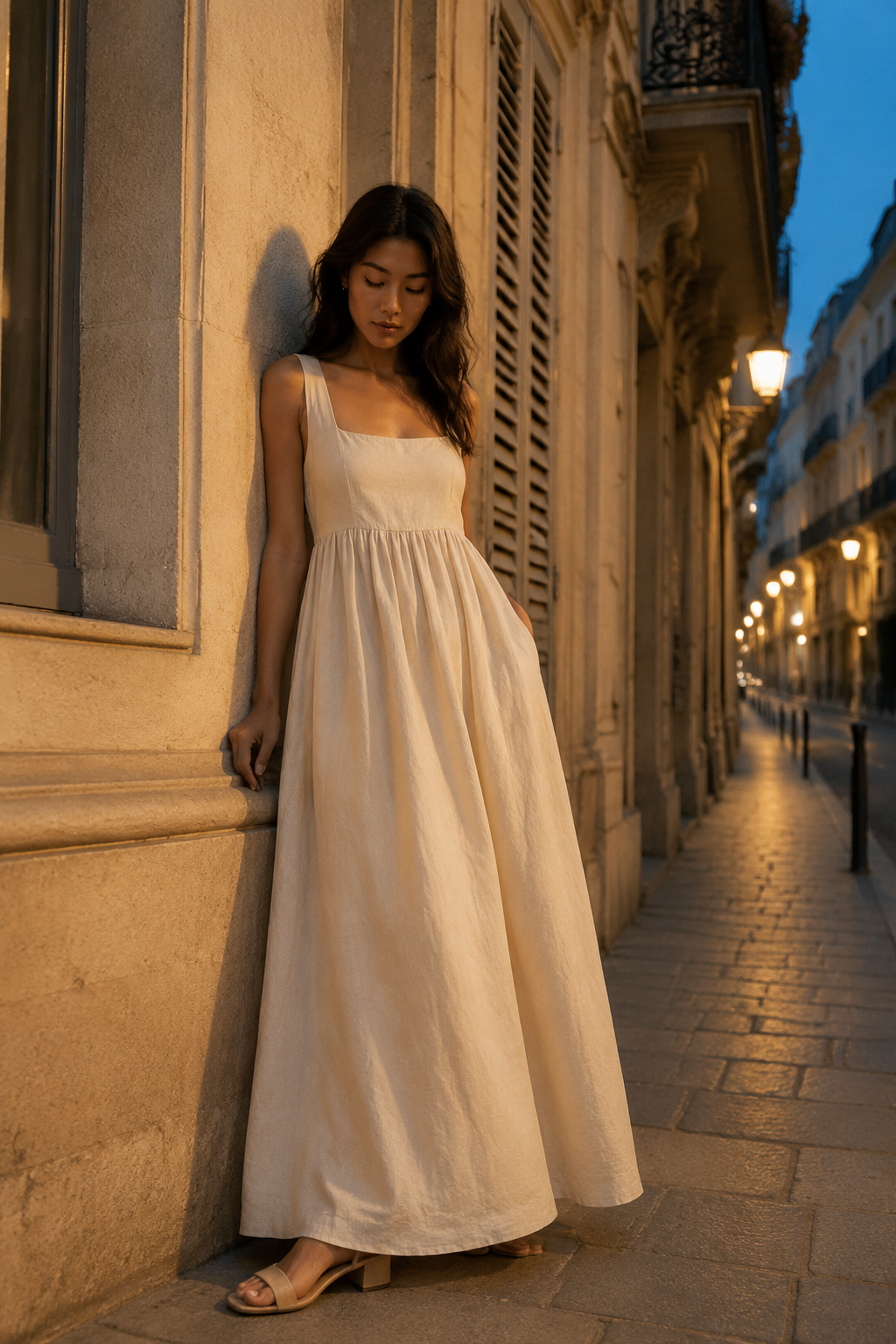 Ivory linen a-line maxi dress, front view, square neck, gathered waist, flowing skirt