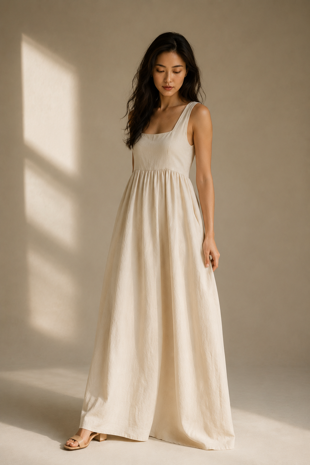 Ivory linen a-line maxi dress, three-quarter view, soft drape and relaxed silhouette