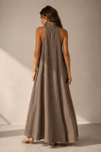Taupe linen a-line maxi dress, back view, smooth back, graceful drape
