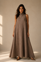 Taupe linen a-line maxi dress, full front view, flowy maxi length, sleeveless cut