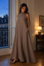 Taupe linen a-line maxi dress, front view, mock neck, V-stitch detail, A-line silhouette