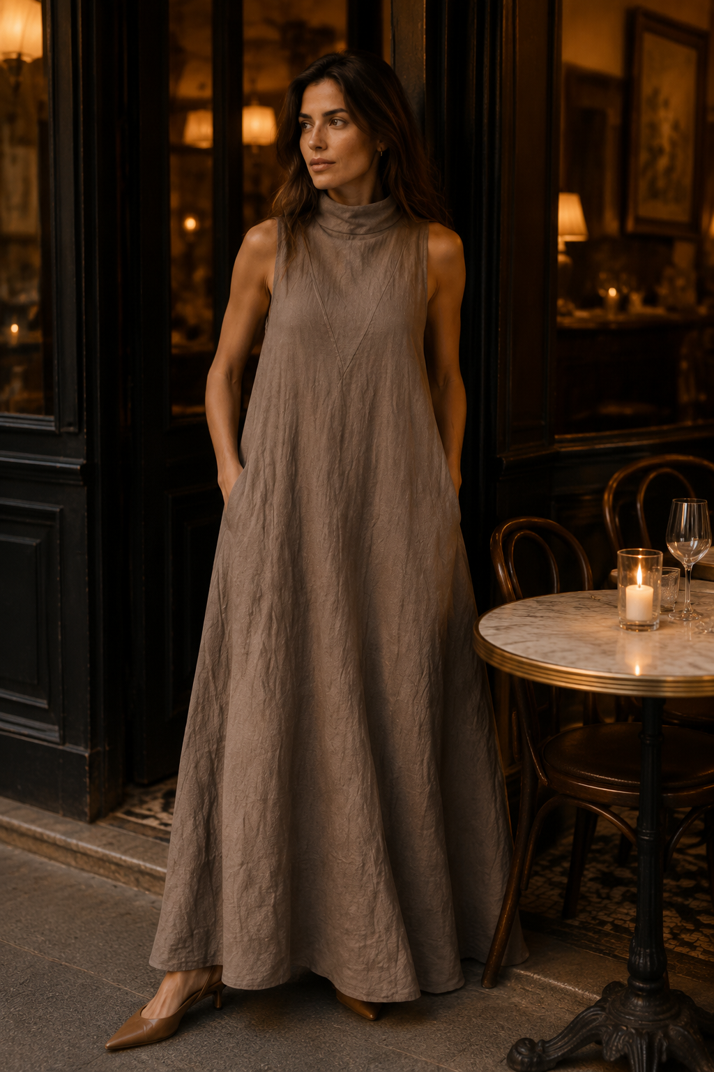 Taupe linen a-line maxi dress, lifestyle, sunny courtyard, gentle breeze