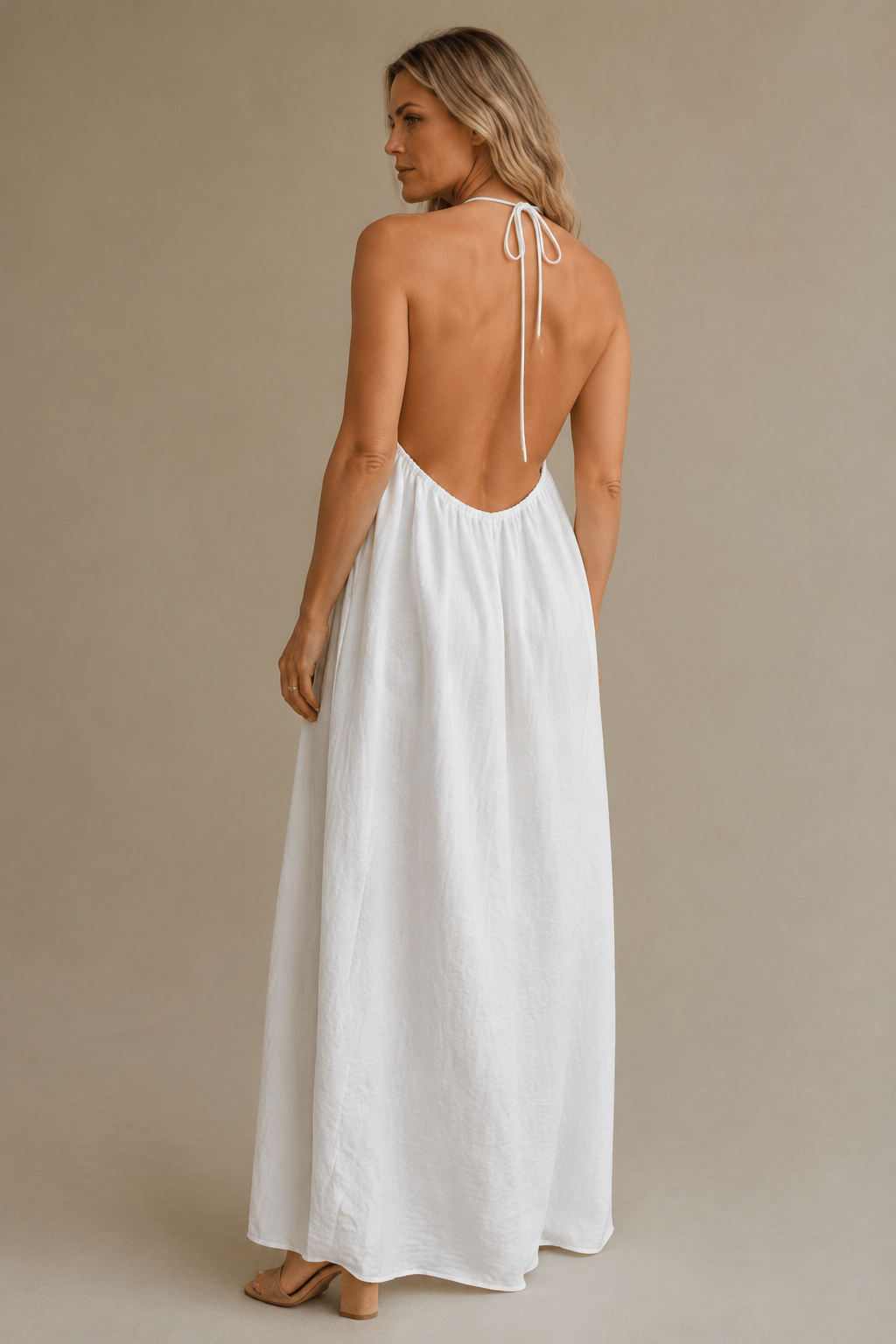 White cotton shift maxi dress, back view, flowing maxi silhouette