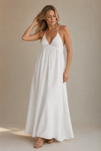 White cotton shift maxi dress, full front view, gathered bodice and relaxed drape