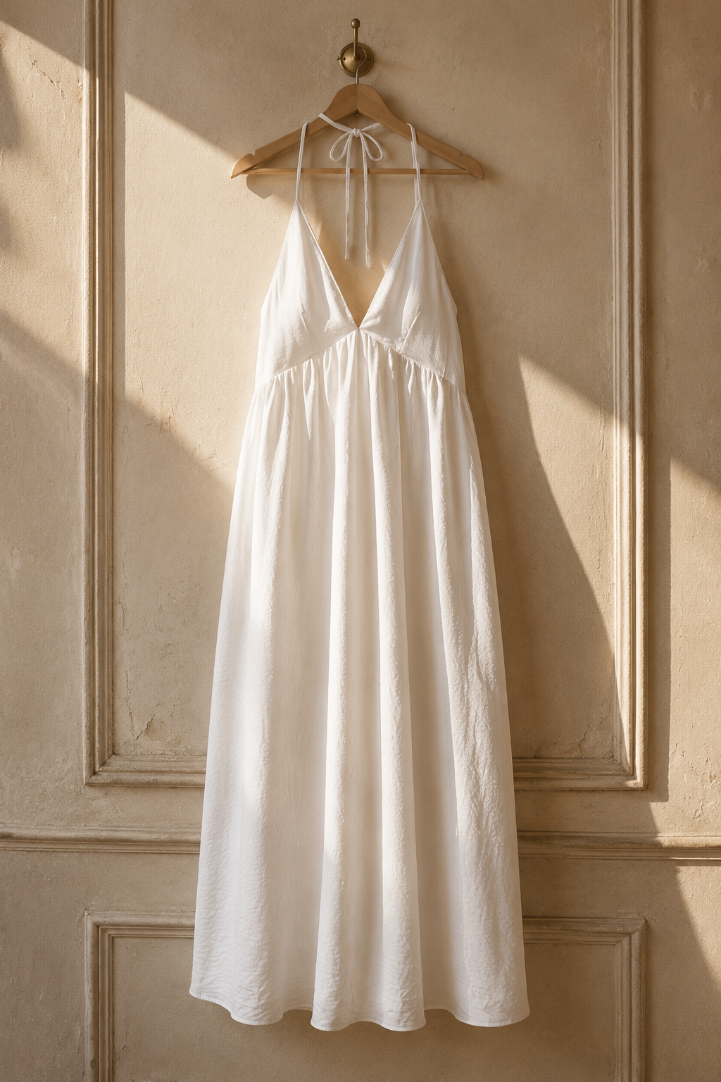 White cotton shift maxi dress, hanging on wooden hanger against plaster wall