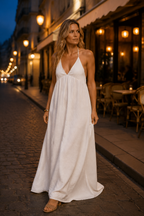 White cotton shift maxi dress, lifestyle, warm day errands with ease