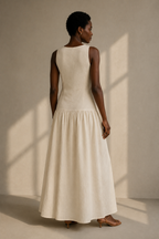 Ivory linen wrap maxi dress, back view, clean back, gathered waist