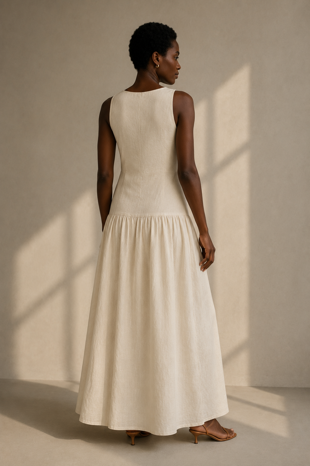 Ivory linen wrap maxi dress, back view, clean back, gathered waist