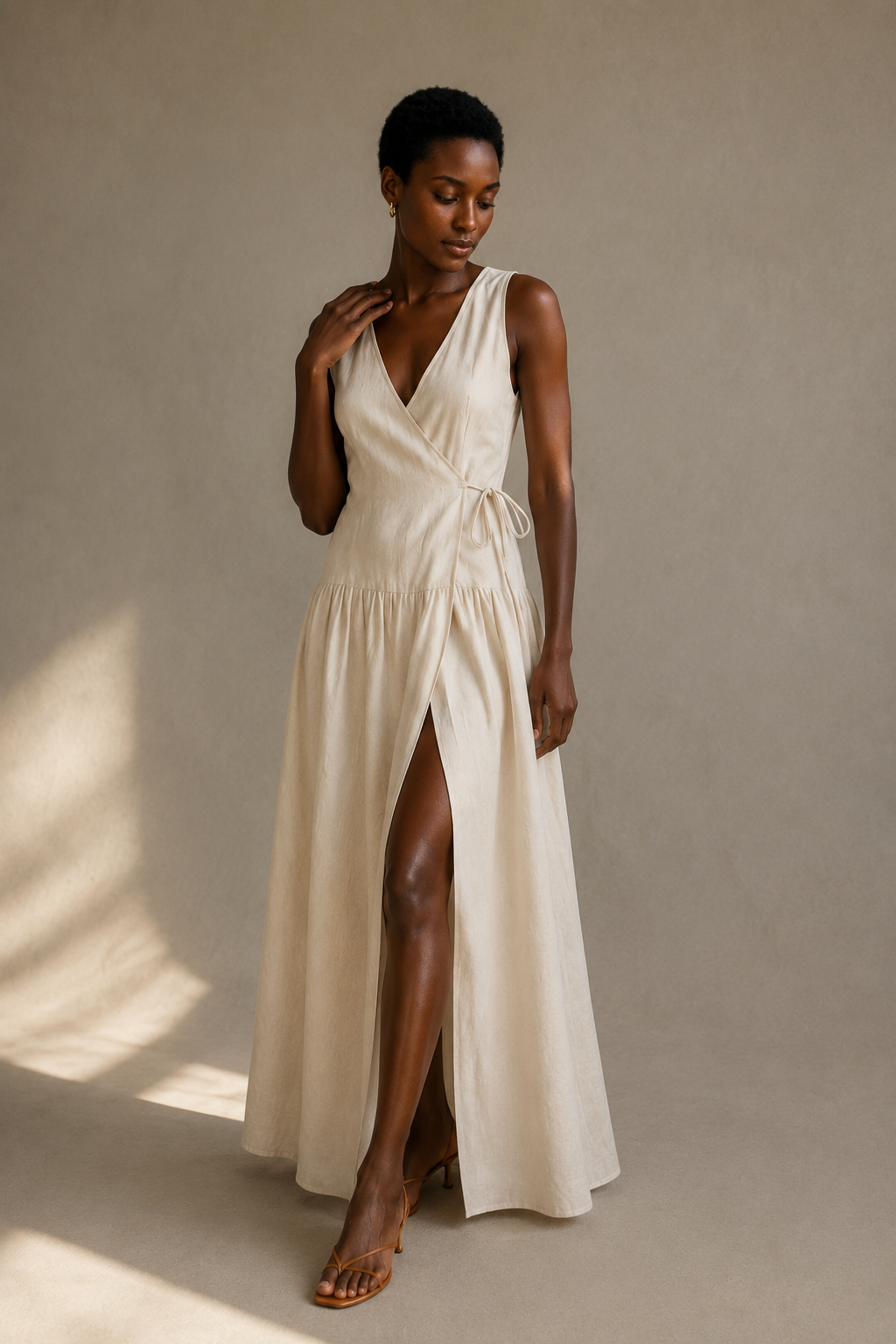 Ivory linen wrap maxi dress, full front view, wrap front with a side slit