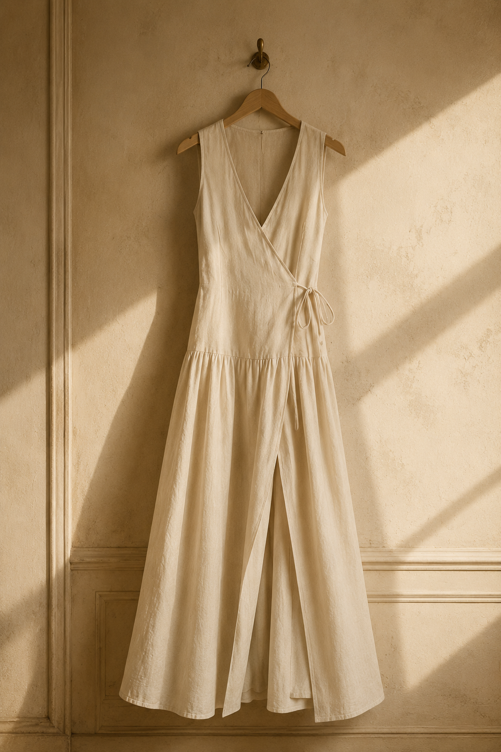 Ivory linen wrap maxi dress, hanging on wooden hanger against plaster wall