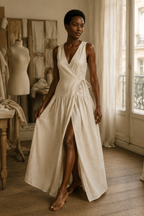 Ivory linen wrap maxi dress, lifestyle, golden hour stroll, relaxed comfort