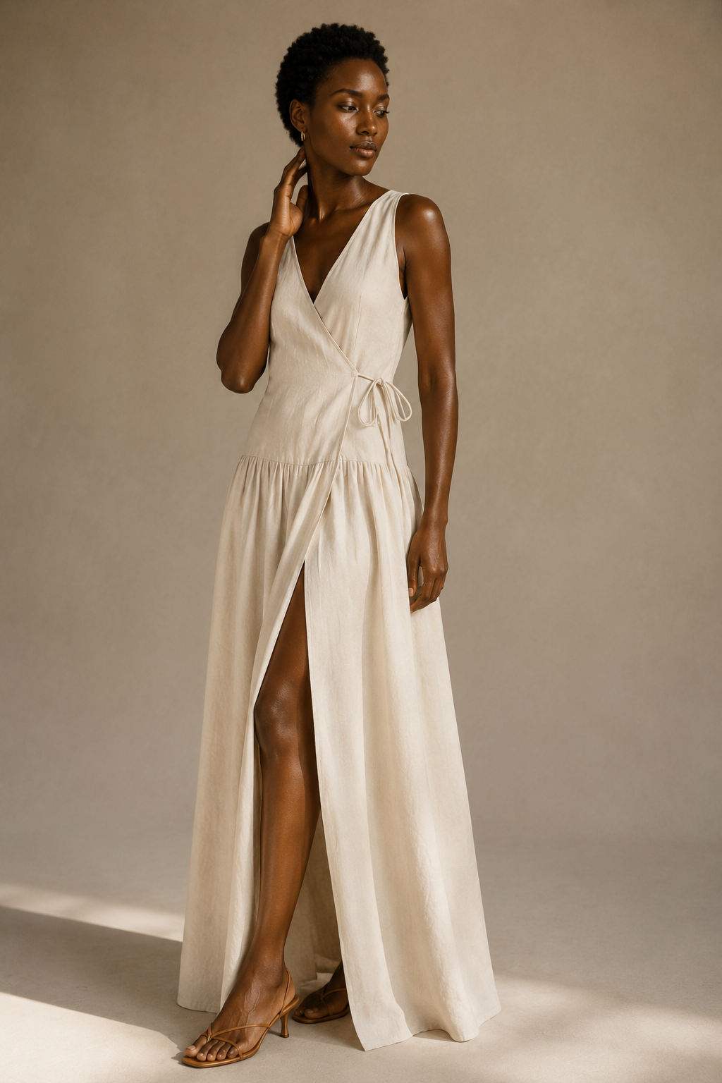 Ivory linen wrap maxi dress, three-quarter view, softly draped linen, adjustable wrap
