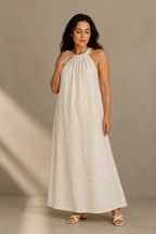 Ivory linen shift maxi dress, full front view, relaxed shift maxi dress
