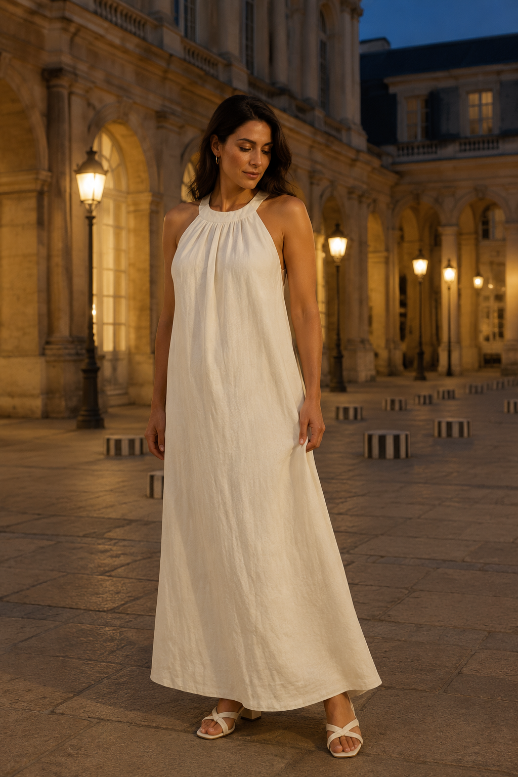 Ivory linen shift maxi dress, front view, halter neckline with gathers