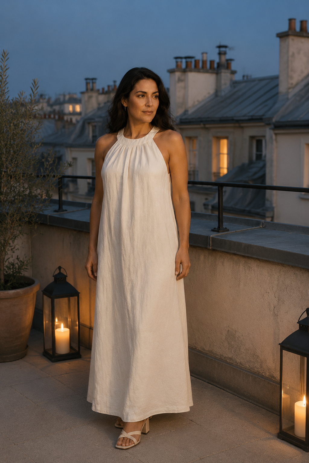 Ivory linen shift maxi dress, lifestyle, sunlit patio, relaxed afternoon
