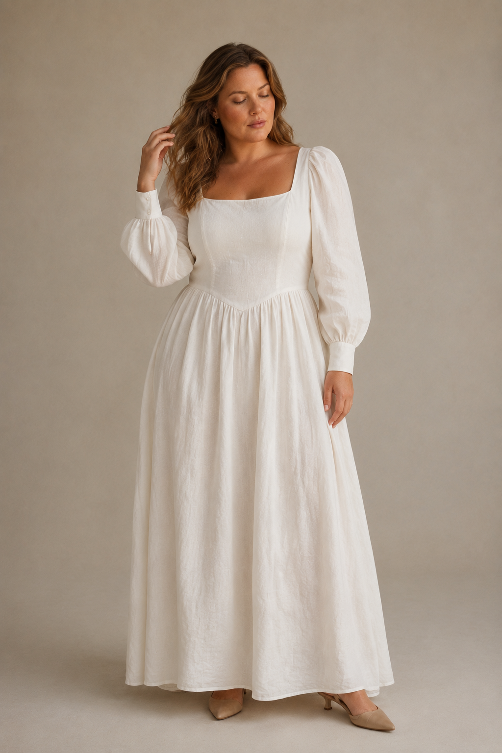 Ivory linen a-line maxi dress, full front view, fitted bodice and flowing A-line skirt