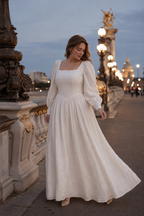 Ivory linen a-line maxi dress, front view, square neckline, long sleeves, full skirt