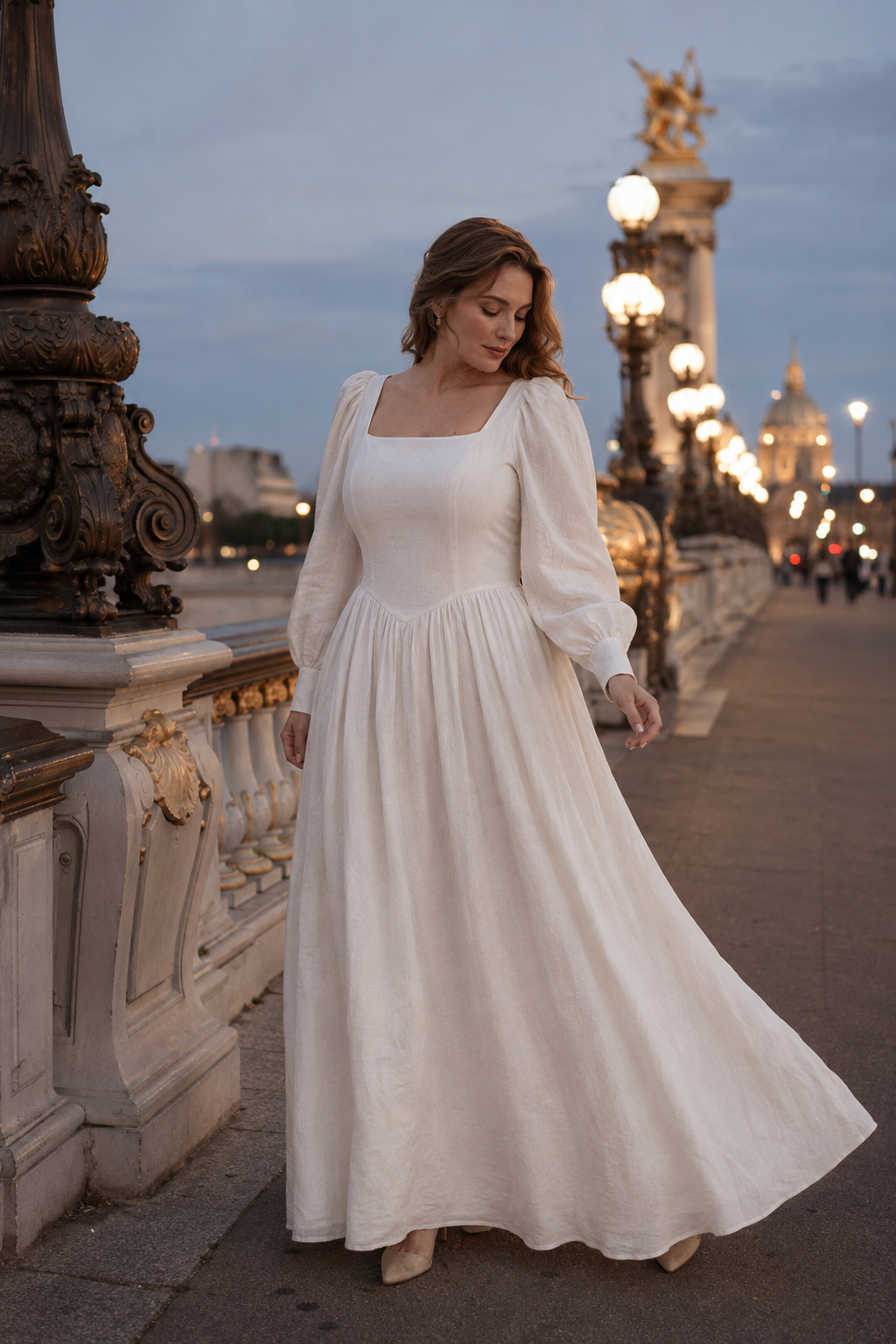 Ivory linen a-line maxi dress, front view, square neckline, long sleeves, full skirt