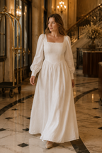 Ivory linen a-line maxi dress, lifestyle, morning light by the window