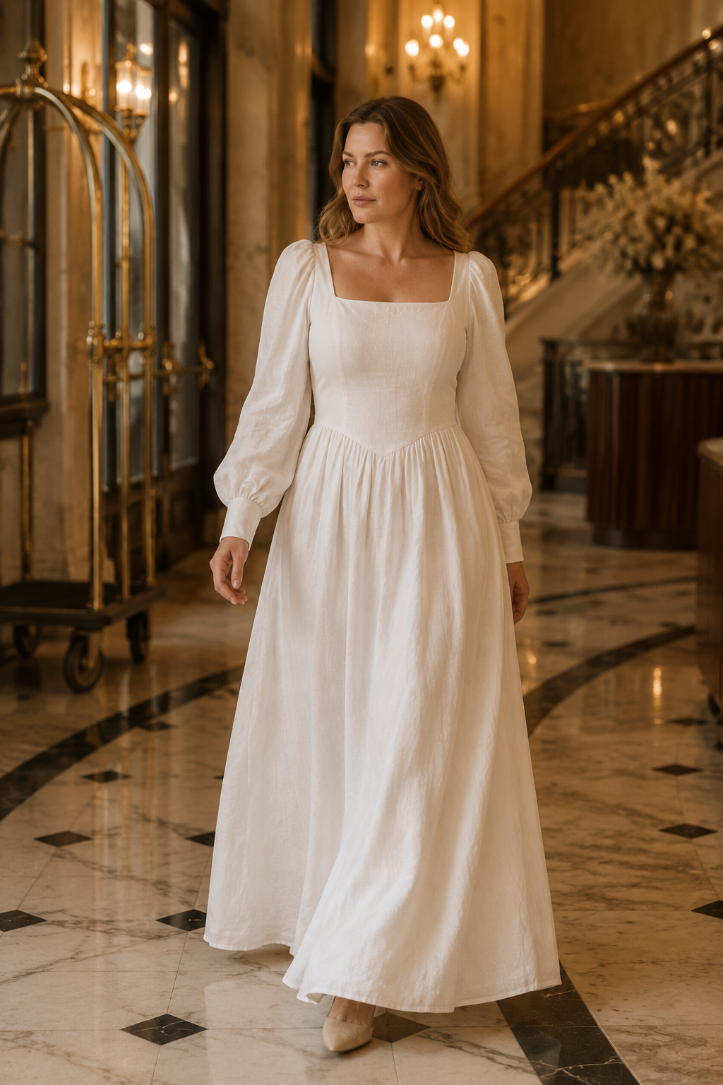 Ivory linen a-line maxi dress, lifestyle, morning light by the window