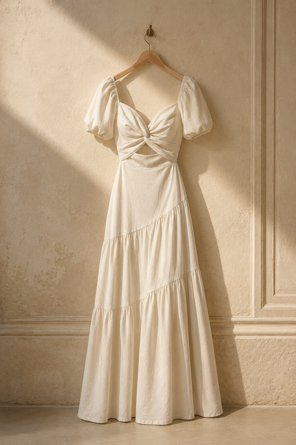Ivory linen tiered maxi dress, hanging on wooden hanger against plaster wall