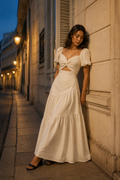 Ivory linen tiered maxi dress, front view, twist front, waist cut-out, tiered skirt