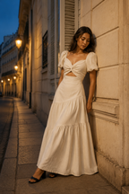 Ivory linen tiered maxi dress, front view, twist front, waist cut-out, tiered skirt