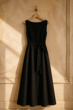 Black linen a-line maxi dress, hanging on wooden hanger against plaster wall