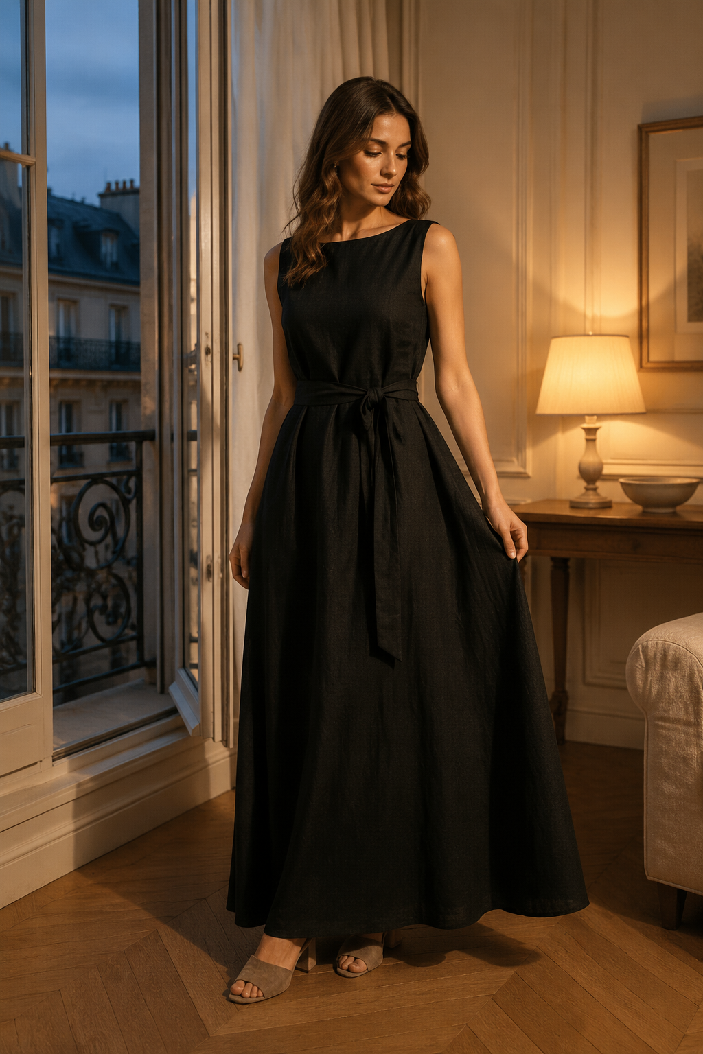 Black linen a-line maxi dress, front view, boat neckline, tie waist, A-line maxi
