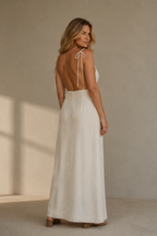 Ivory linen column maxi dress, back view, low back with tie straps