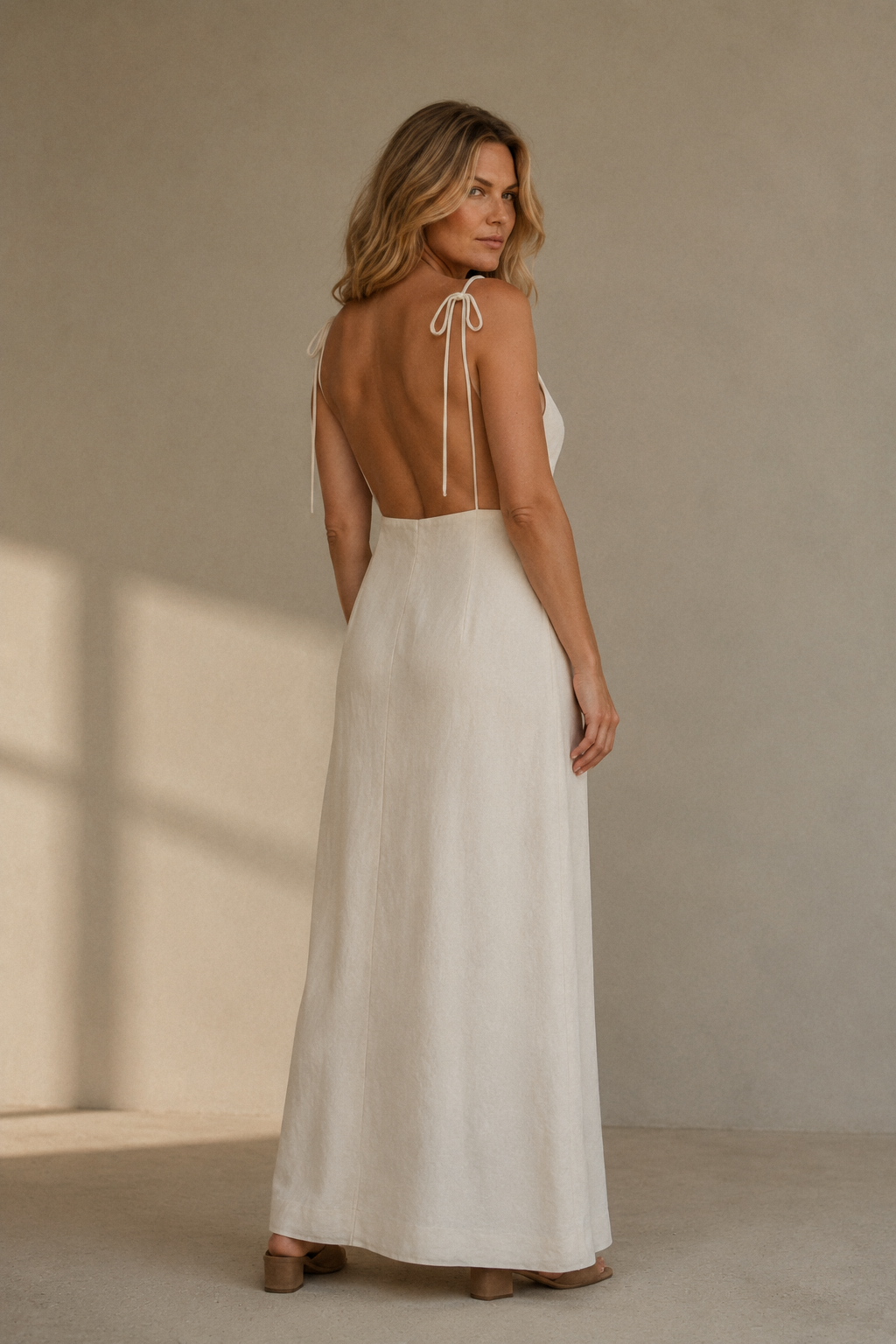 Ivory linen column maxi dress, back view, low back with tie straps
