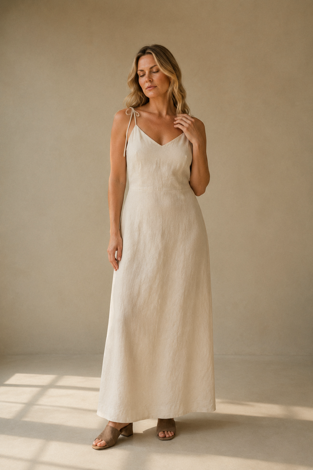 Ivory linen column maxi dress, full front view, column maxi silhouette