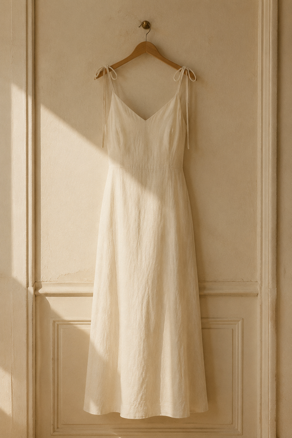 Ivory linen column maxi dress, hanging on wooden hanger against plaster wall