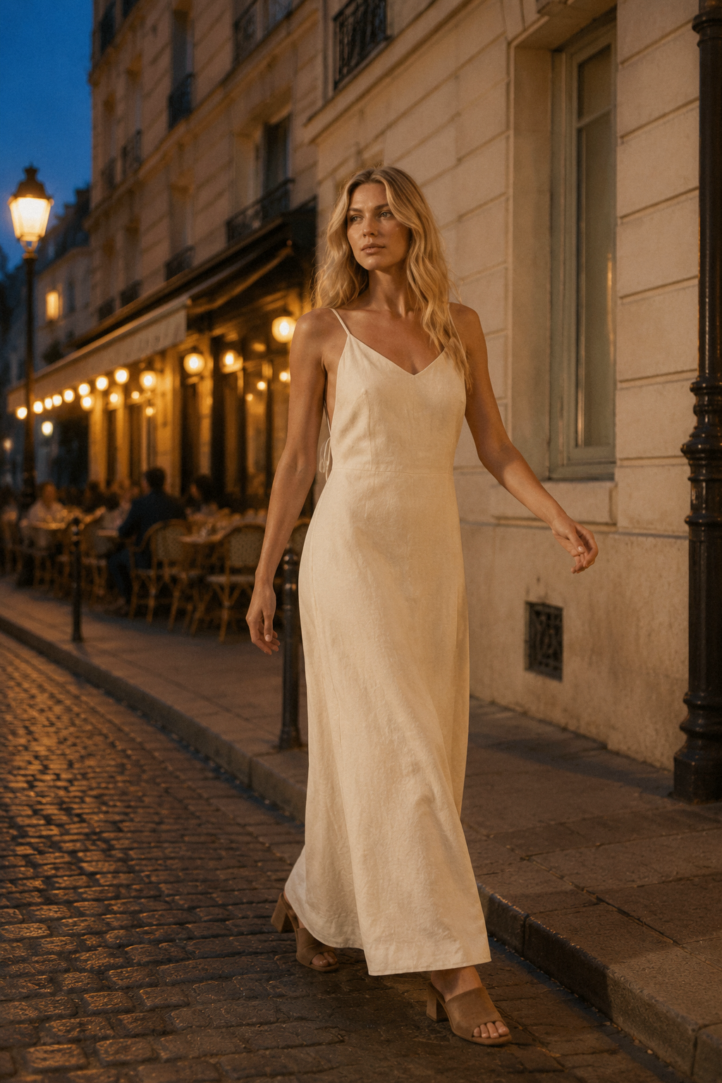 Ivory linen column maxi dress, lifestyle, sunlit afternoon by a textured wall