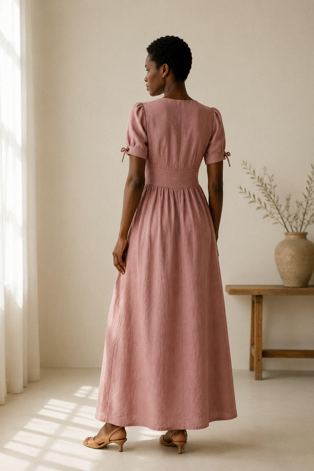 Dusty rose linen a-line maxi dress, back view, fitted bodice, gentle skirt release