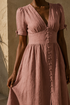 Dusty rose linen a-line maxi dress, fabric detail, flax weave in raking light