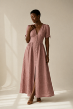 Dusty rose linen a-line maxi dress, full front view, full button front, gathered waist