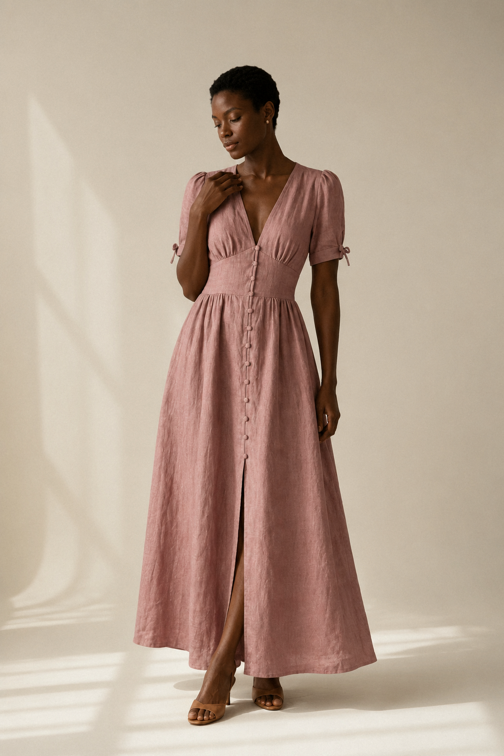 Dusty rose linen a-line maxi dress, full front view, full button front, gathered waist