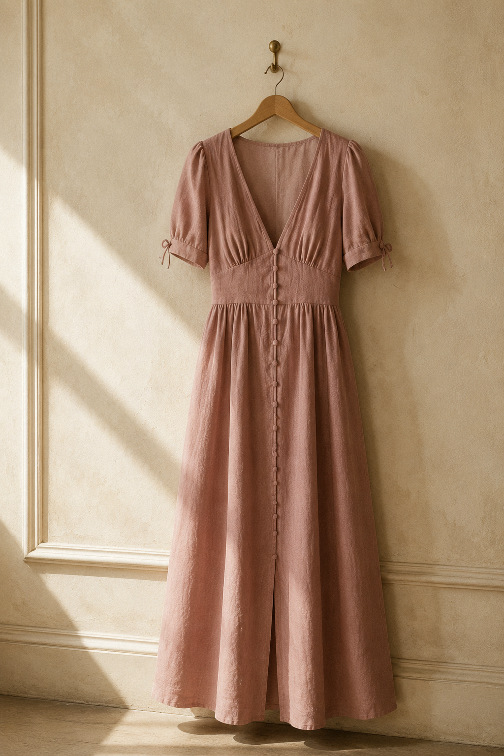 Dusty rose linen a-line maxi dress, hanging on wooden hanger against plaster wall