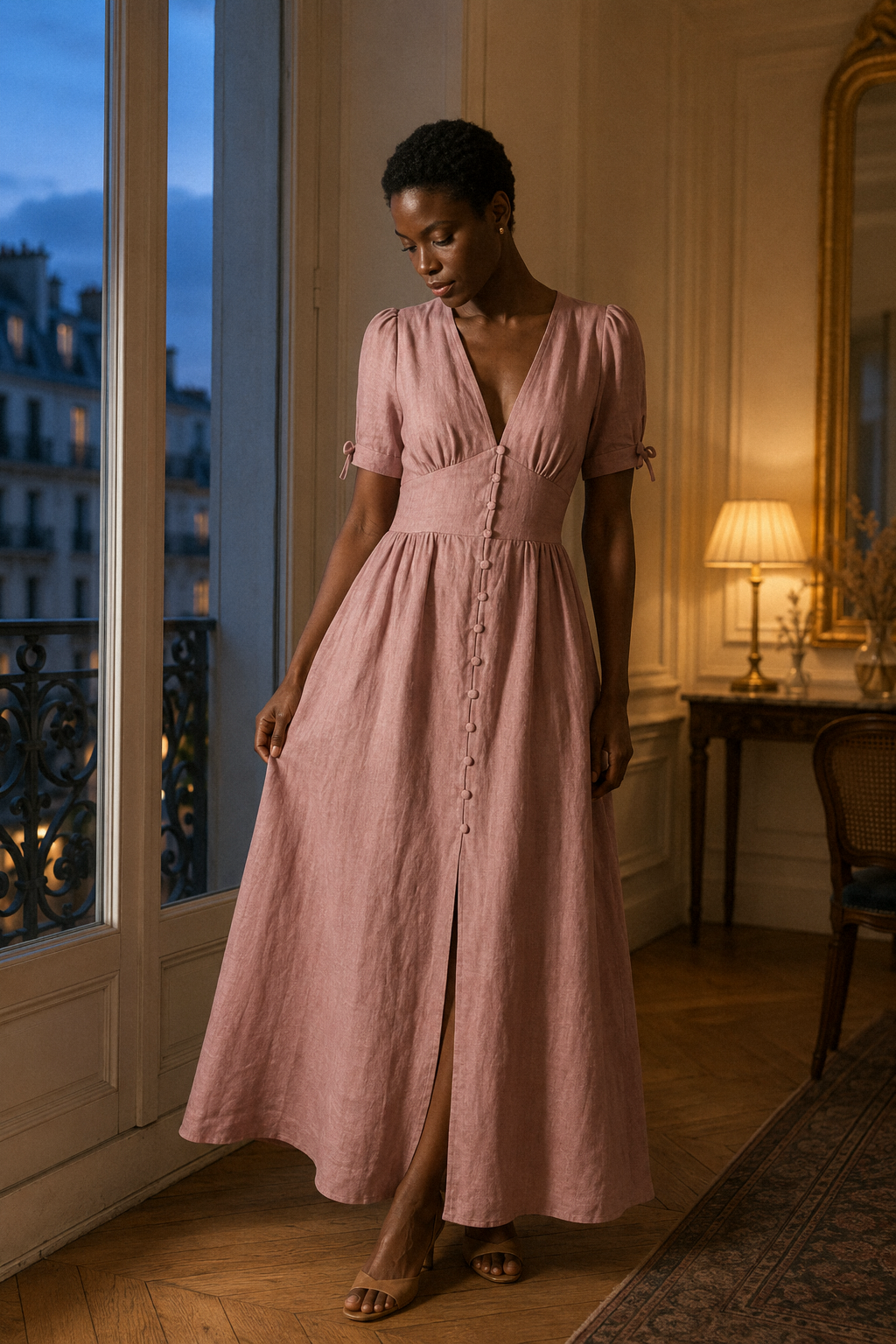Dusty rose linen a-line maxi dress, front view, v-neckline, button front, puff sleeves