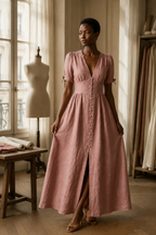 Dusty rose linen a-line maxi dress, lifestyle, relaxed afternoon in natural light