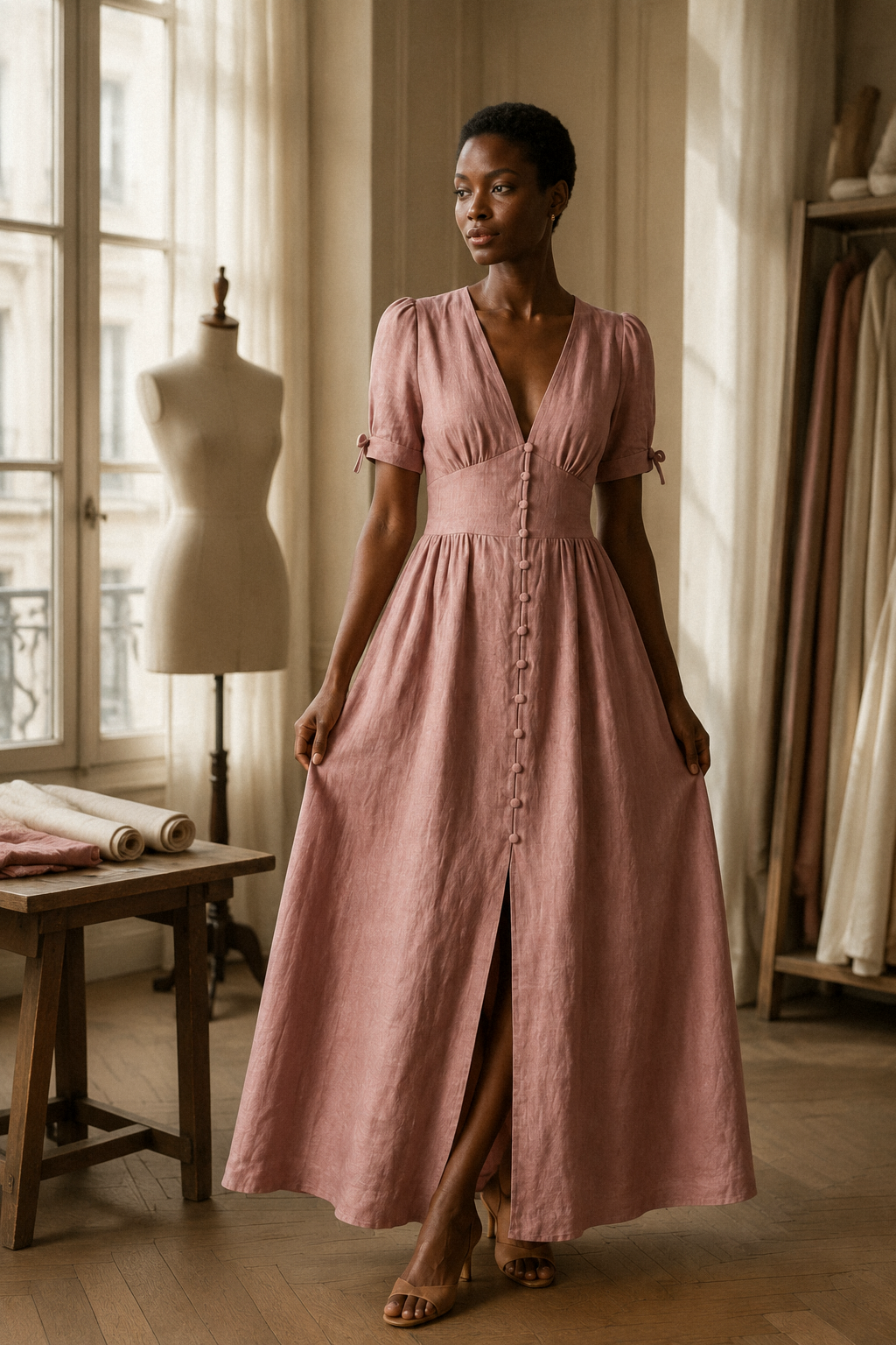 Dusty rose linen a-line maxi dress, lifestyle, relaxed afternoon in natural light