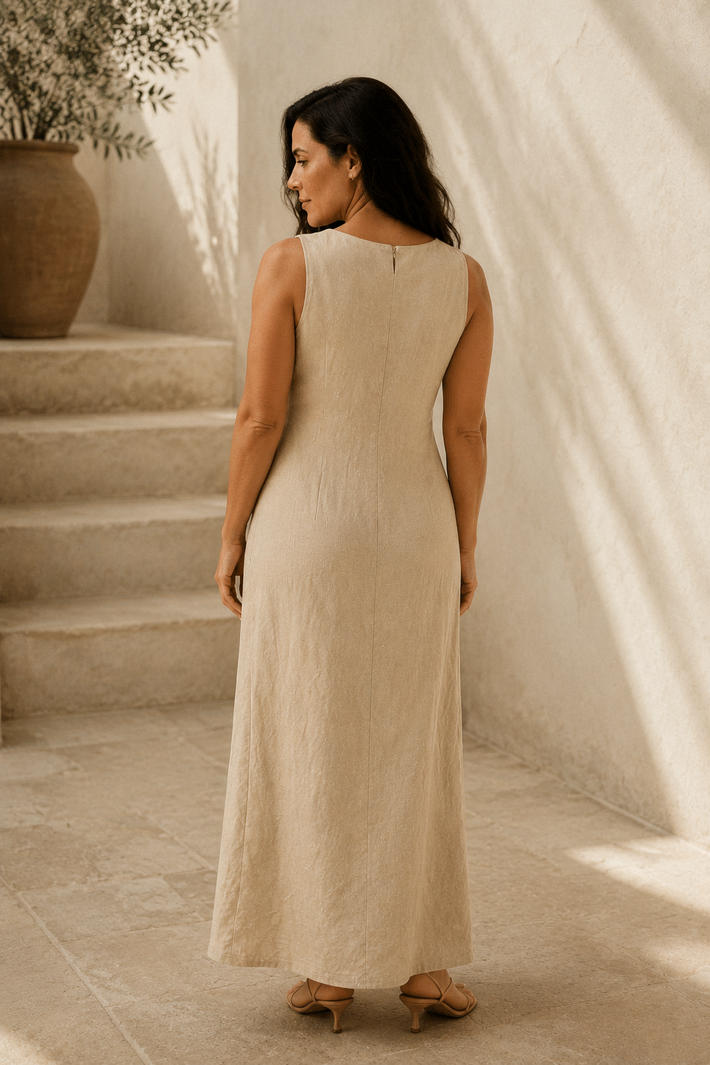 Oatmeal linen column maxi dress, back view, smooth back, minimalist design