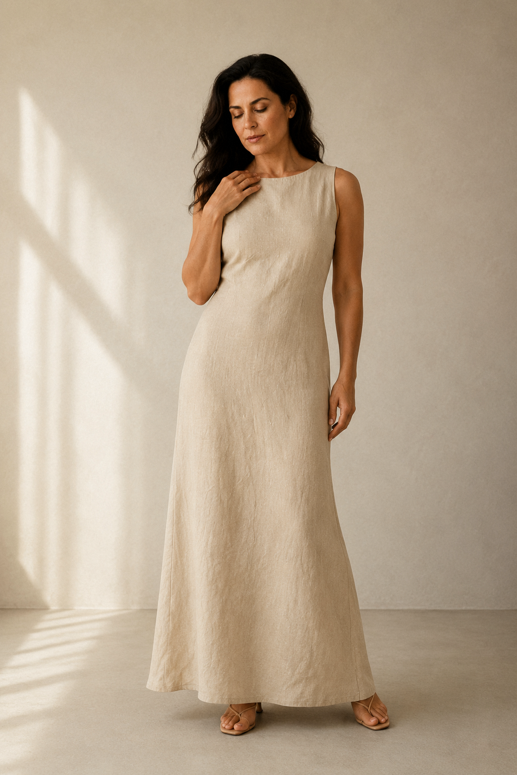 Oatmeal linen column maxi dress, full front view, long column dress, relaxed fit
