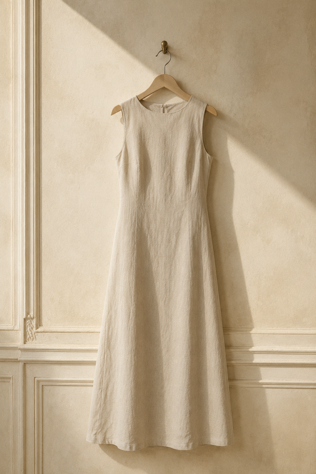 Oatmeal linen column maxi dress, hanging on wooden hanger against plaster wall