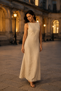 Oatmeal linen column maxi dress, front view, sleeveless round neck, column silhouette