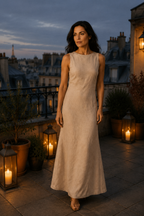 Oatmeal linen column maxi dress, lifestyle, quiet moment, natural light
