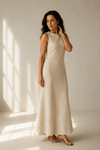 Oatmeal linen column maxi dress, three-quarter view, natural drape, flattering lines