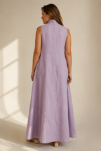 Lavender linen shift maxi dress, back view, unstructured back, smooth drape