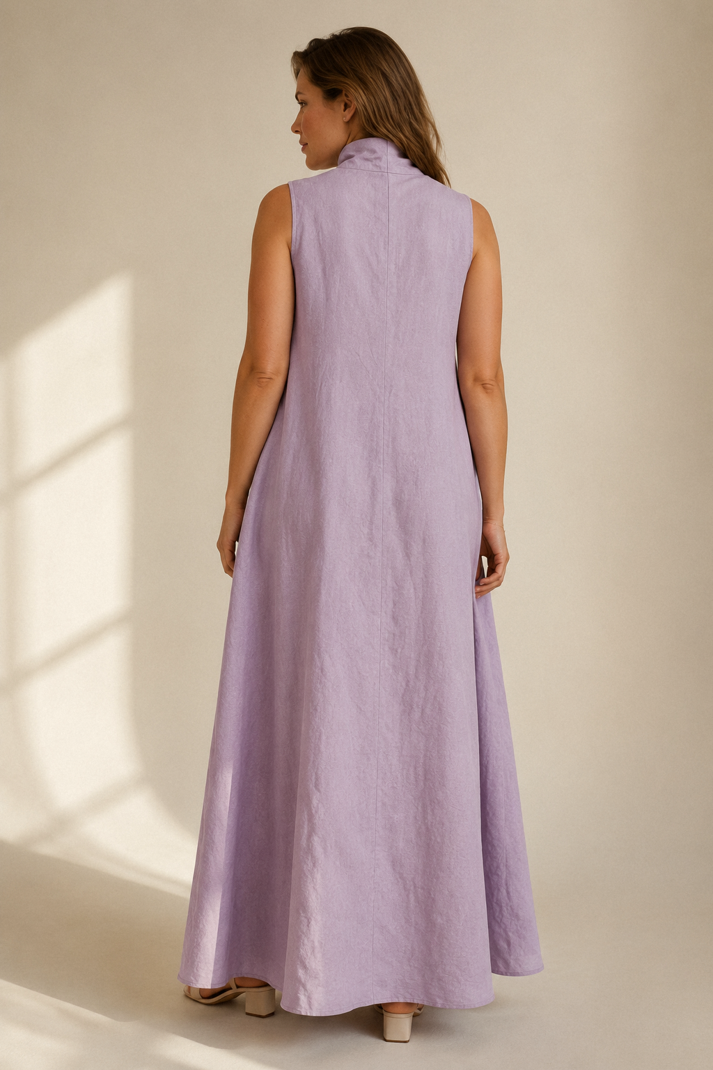 Lavender linen shift maxi dress, back view, unstructured back, smooth drape